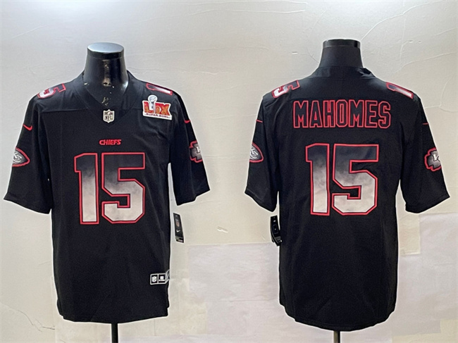 Men's Kansas City Chiefs #15 Patrick Mahomes Black 2025 Super Bowl LIX Patch Smoke Fashion Vapor Limited Stitched Football Jersey Men's Kansas City Chiefs #15 Patrick Mahomes Black 2025 Super Bowl LIX Patch Smoke Fashion Vapor Limited Stitched Football Jersey