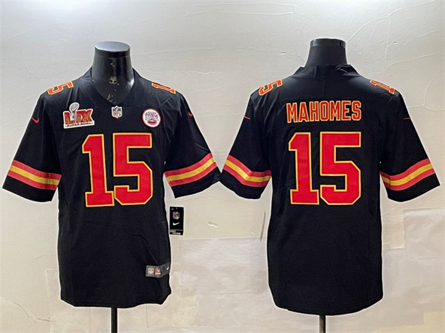 Men's Kansas City Chiefs #15 Patrick Mahomes Black 2025 Super Bowl LIX Patch Vapor Untouchable Limited Stitched Football Jersey Men's Kansas City Chiefs #15 Patrick Mahomes Black 2025 Super Bowl LIX Patch Vapor Untouchable Limited Stitched Football Jersey