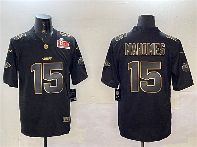 Men's Kansas City Chiefs #15 Patrick Mahomes Black Gold 2025 Super Bowl LIX Patch Vapor Limited Stitched Football Jersey Men's Kansas City Chiefs #15 Patrick Mahomes Black Gold 2025 Super Bowl LIX Patch Vapor Limited Stitched Football Jersey