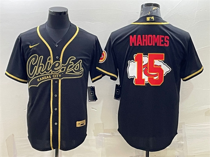 Men's Kansas City Chiefs #15 Patrick Mahomes Black Gold Team Big Logo With Patch Cool Base Stitched Baseball Jersey Men's Kansas City Chiefs #15 Patrick Mahomes Black Gold Team Big Logo With Patch Cool Base Stitched Baseball Jersey