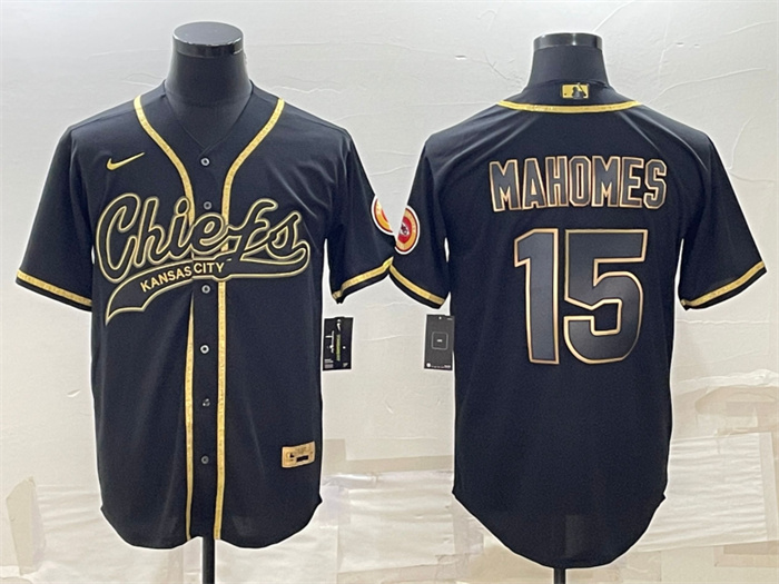 Men's Kansas City Chiefs #15 Patrick Mahomes Black Gold With Patch Cool Base Stitched Baseball Jersey Men's Kansas City Chiefs #15 Patrick Mahomes Black Gold With Patch Cool Base Stitched Baseball Jersey
