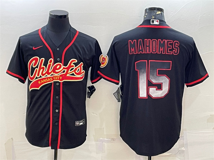 Men's Kansas City Chiefs #15 Patrick Mahomes Black Red With Patch Cool Base Stitched Baseball Jersey Men's Kansas City Chiefs #15 Patrick Mahomes Black Red With Patch Cool Base Stitched Baseball Jersey