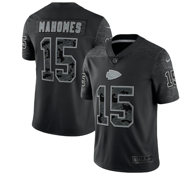 Men's Kansas City Chiefs #15 Patrick Mahomes Black Reflective Limited Stitched Football Jersey Men's Kansas City Chiefs #15 Patrick Mahomes Black Reflective Limited Stitched Football Jersey