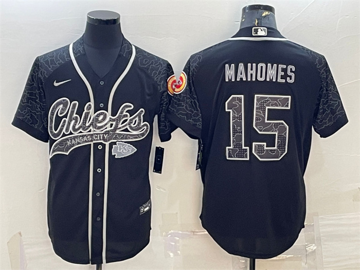 Men's Kansas City Chiefs #15 Patrick Mahomes Black Reflective With Patch Cool Base Stitched Baseball Jersey Men's Kansas City Chiefs #15 Patrick Mahomes Black Reflective With Patch Cool Base Stitched Baseball Jersey
