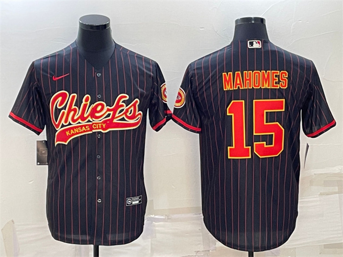 Men's Kansas City Chiefs #15 Patrick Mahomes Black With Patch Cool Base Stitched Baseball Jersey Men's Kansas City Chiefs #15 Patrick Mahomes Black With Patch Cool Base Stitched Baseball Jersey