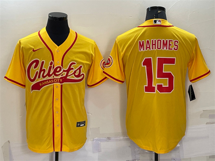 Men's Kansas City Chiefs #15 Patrick Mahomes Gold With Patch Cool Base Stitched Baseball Jersey Men's Kansas City Chiefs #15 Patrick Mahomes Gold With Patch Cool Base Stitched Baseball Jersey