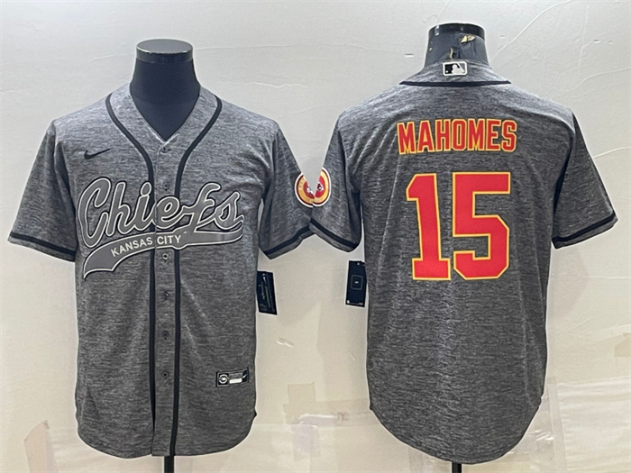 Men's Kansas City Chiefs #15 Patrick Mahomes Grey With Patch Cool Base Stitched Baseball Jersey Men's Kansas City Chiefs #15 Patrick Mahomes Grey With Patch Cool Base Stitched Baseball Jersey