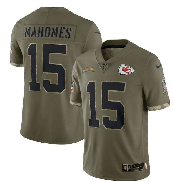 Men's Kansas City Chiefs #15 Patrick Mahomes Olive 2022 Salute To Service Limited Stitched Jersey Men's Kansas City Chiefs #15 Patrick Mahomes Olive 2022 Salute To Service Limited Stitched Jersey