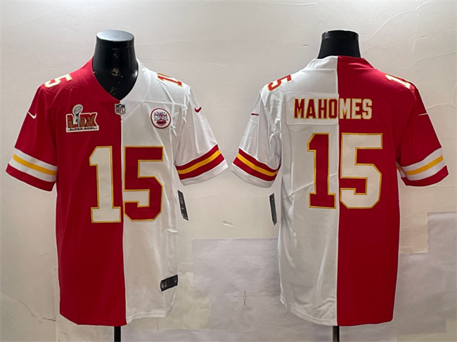 Men's Kansas City Chiefs #15 Patrick Mahomes Red & White Split 2025 Super Bowl LIX Patch Vapor Limited Stitched Football Jersey Men's Kansas City Chiefs #15 Patrick Mahomes Red & White Split 2025 Super Bowl LIX Patch Vapor Limited Stitched Football Jersey