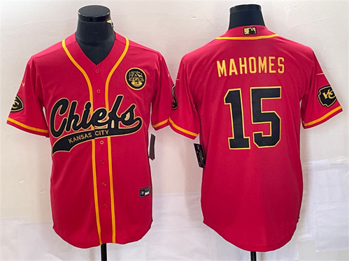 Men's Kansas City Chiefs #15 Patrick Mahomes Red Gold Cool Base Stitched Baseball Jersey Men's Kansas City Chiefs #15 Patrick Mahomes Red Gold Cool Base Stitched Baseball Jersey
