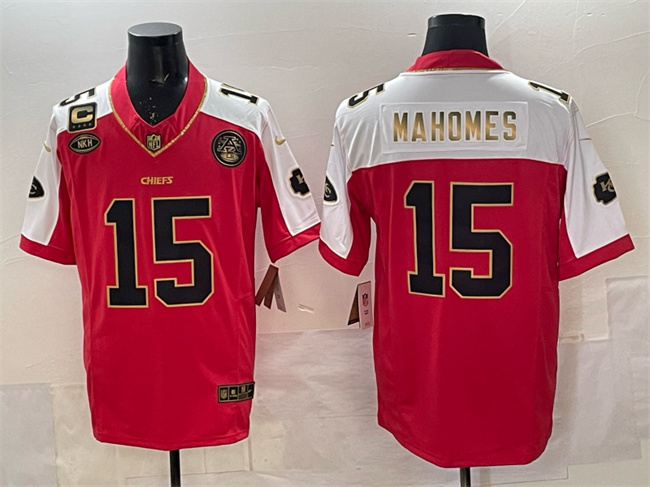 Men's Kansas City Chiefs #15 Patrick Mahomes Red Gold With NKH Patch And 4-star C Patch Vapor Limited Stitched Football Jersey Men's Kansas City Chiefs #15 Patrick Mahomes Red Gold With NKH Patch And 4-star C Patch Vapor Limited Stitched Football Jersey