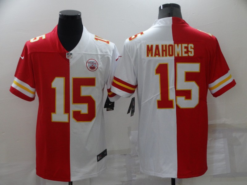 Men's Kansas City Chiefs #15 Patrick Mahomes Red White Split Vapor Limited Stitched Jersey Men's Kansas City Chiefs #15 Patrick Mahomes Red White Split Vapor Limited Stitched Jersey
