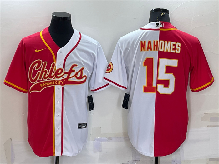 Men's Kansas City Chiefs #15 Patrick Mahomes Red White Split With Patch Cool Base Stitched Baseball Jersey Men's Kansas City Chiefs #15 Patrick Mahomes Red White Split With Patch Cool Base Stitched Baseball Jersey