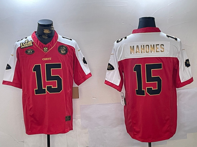 Men's Kansas City Chiefs #15 Patrick Mahomes Red With Gold Super Bowl LVIII Patch Limited Stitched Football Jersey Men's Kansas City Chiefs #15 Patrick Mahomes Red With Gold Super Bowl LVIII Patch Limited Stitched Football Jersey