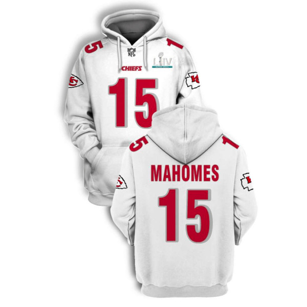 Men's Kansas City Chiefs #15 Patrick Mahomes White 2021 Super Bowl LIV Pullover Hoodie Men's Kansas City Chiefs #15 Patrick Mahomes White 2021 Super Bowl LIV Pullover Hoodie