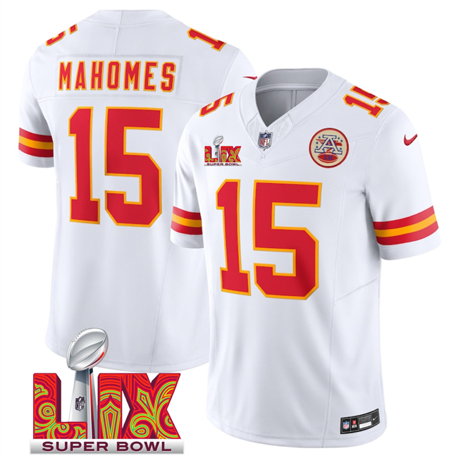 Men's Kansas City Chiefs #15 Patrick Mahomes White 2025 Super Bowl LIX Patch F.U.S.E. Vapor Limited Stitched Football Jersey Men's Kansas City Chiefs #15 Patrick Mahomes White 2025 Super Bowl LIX Patch F.U.S.E. Vapor Limited Stitched Football Jersey