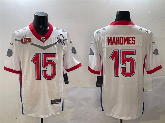 Men's Kansas City Chiefs #15 Patrick Mahomes White 2025 Super Bowl LIX Patch Pro Bowl Vapor Limited Stitched Football Jersey Men's Kansas City Chiefs #15 Patrick Mahomes White 2025 Super Bowl LIX Patch Pro Bowl Vapor Limited Stitched Football Jersey