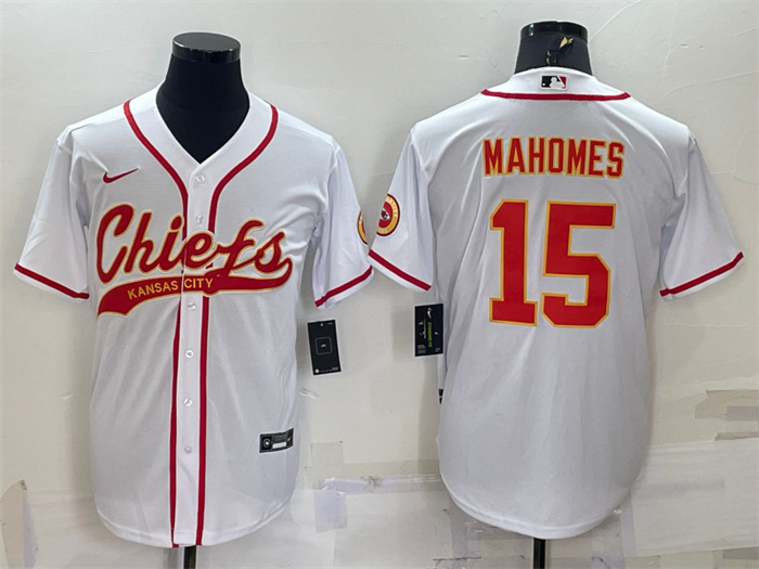 Men's Kansas City Chiefs #15 Patrick Mahomes White With Patch Cool Base Stitched Baseball Jersey Men's Kansas City Chiefs #15 Patrick Mahomes White With Patch Cool Base Stitched Baseball Jersey