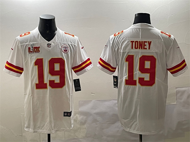 Men's Kansas City Chiefs #19 Kadarius Toney White 2025 Super Bowl LIX Patch Vapor Untouchable Limited Stitched Football Jersey Men's Kansas City Chiefs #19 Kadarius Toney White 2025 Super Bowl LIX Patch Vapor Untouchable Limited Stitched Football Jersey