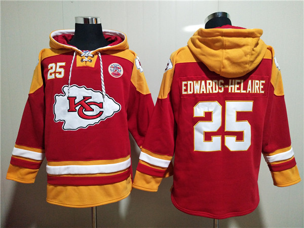 Men's Kansas City Chiefs #25 Clyde Edwards-Helaire Red Lace-Up Pullover Hoodie Men's Kansas City Chiefs #25 Clyde Edwards-Helaire Red Lace-Up Pullover Hoodie