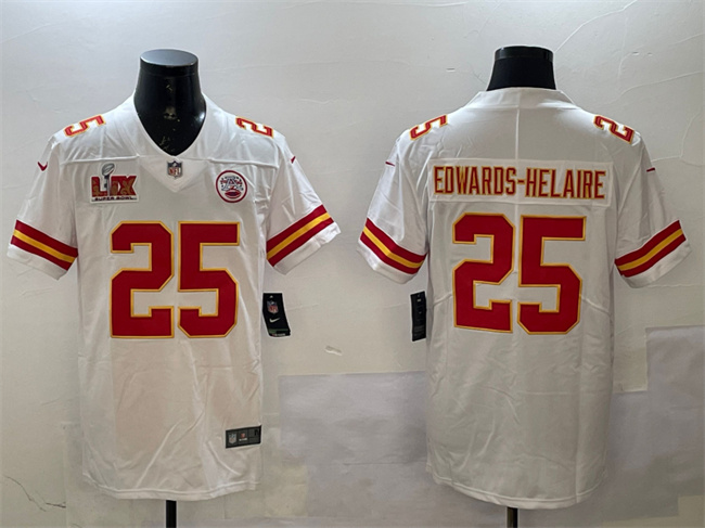 Men's Kansas City Chiefs #25 Clyde Edwards-Helaire White 2025 Super Bowl LIX Patch Vapor Untouchable Limited Stitched Football Jersey Men's Kansas City Chiefs #25 Clyde Edwards-Helaire White 2025 Super Bowl LIX Patch Vapor Untouchable Limited Stitched Football Jersey