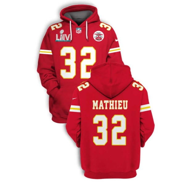Men's Kansas City Chiefs #32 Tyrann Mathieu Red 2021 Super Bowl LIV Pullover Hoodie Men's Kansas City Chiefs #32 Tyrann Mathieu Red 2021 Super Bowl LIV Pullover Hoodie