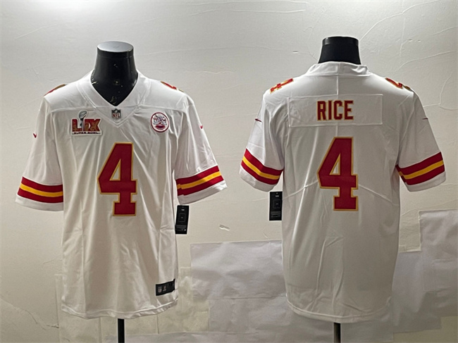 Men's Kansas City Chiefs #4 Rashee Rice White 2025 Super Bowl LIX Patch Vapor Untouchable Limited Stitched Football Jersey Men's Kansas City Chiefs #4 Rashee Rice White 2025 Super Bowl LIX Patch Vapor Untouchable Limited Stitched Football Jersey