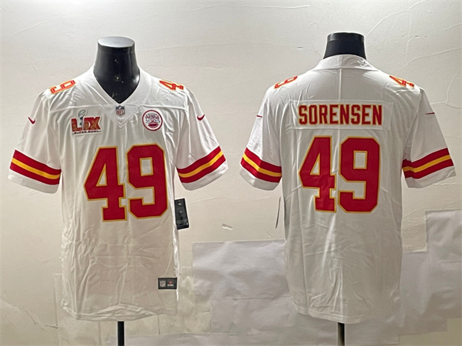 Men's Kansas City Chiefs #49 Daniel Sorensen White 2025 Super Bowl LIX Patch Vapor Untouchable Limited Stitched Football Jersey Men's Kansas City Chiefs #49 Daniel Sorensen White 2025 Super Bowl LIX Patch Vapor Untouchable Limited Stitched Football Jersey