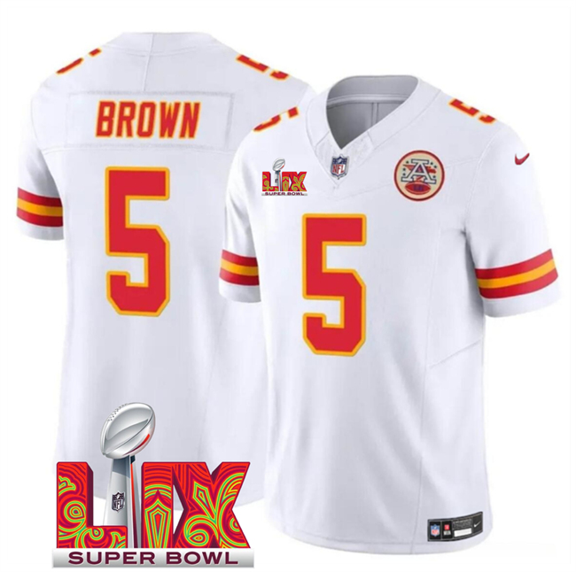 Men's Kansas City Chiefs #5 Hollywood Brown White 2025 Super Bowl LIX Patch F.U.S.E. Vapor Limited Stitched Football Jersey Men's Kansas City Chiefs #5 Hollywood Brown White 2025 Super Bowl LIX Patch F.U.S.E. Vapor Limited Stitched Football Jersey