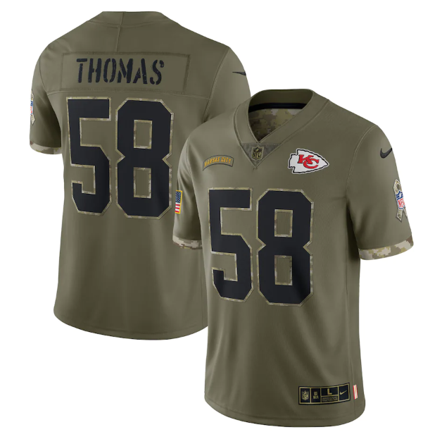Men's Kansas City Chiefs #58 Derrick Thomas Olive 2022 Salute To Service Limited Stitched Jersey Men's Kansas City Chiefs #58 Derrick Thomas Olive 2022 Salute To Service Limited Stitched Jersey