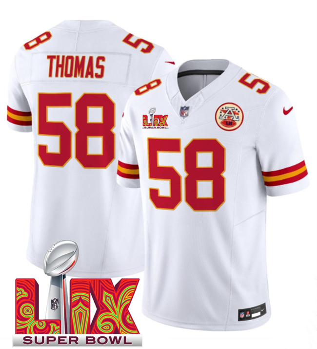 Men's Kansas City Chiefs #58 Derrick Thomas White 2025 Super Bowl LIX Patch F.U.S.E. Vapor Limited Stitched Football Jersey Men's Kansas City Chiefs #58 Derrick Thomas White 2025 Super Bowl LIX Patch F.U.S.E. Vapor Limited Stitched Football Jersey