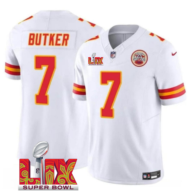 Men's Kansas City Chiefs #7 Harrison Butker White 2025 Super Bowl LIX Patch F.U.S.E. Vapor Limited Stitched Football Jersey Men's Kansas City Chiefs #7 Harrison Butker White 2025 Super Bowl LIX Patch F.U.S.E. Vapor Limited Stitched Football Jersey