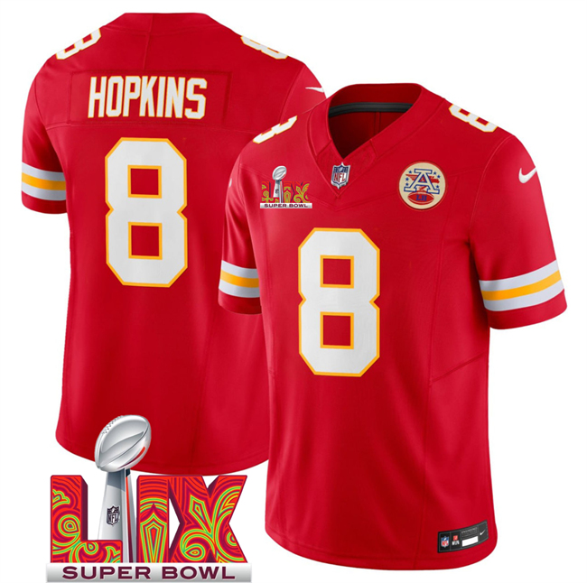 Men's Kansas City Chiefs #8 DeAndre Hopkins Red 2025 Super Bowl LIX Patch F.U.S.E. Vapor Limited Stitched Football Jersey Men's Kansas City Chiefs #8 DeAndre Hopkins Red 2025 Super Bowl LIX Patch F.U.S.E. Vapor Limited Stitched Football Jersey