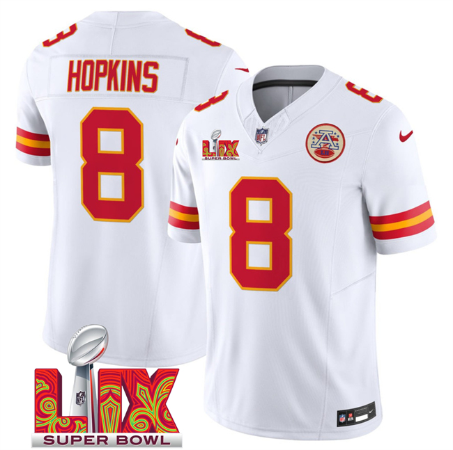 Men's Kansas City Chiefs #8 DeAndre Hopkins White 2025 Super Bowl LIX Patch F.U.S.E. Vapor Limited Stitched Football Jersey Men's Kansas City Chiefs #8 DeAndre Hopkins White 2025 Super Bowl LIX Patch F.U.S.E. Vapor Limited Stitched Football Jersey
