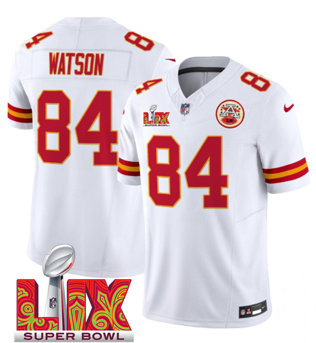 Men's Kansas City Chiefs #84 Justin Watson White 2025 Super Bowl LIX Patch F.U.S.E. Vapor Limited Stitched Football Jersey Men's Kansas City Chiefs #84 Justin Watson White 2025 Super Bowl LIX Patch F.U.S.E. Vapor Limited Stitched Football Jersey