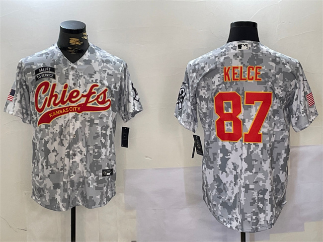 Men's Kansas City Chiefs #87 Travis Kelce 2024 Arctic Camo Salute To Service Stitched Baseball Jersey Men's Kansas City Chiefs #87 Travis Kelce 2024 Arctic Camo Salute To Service Stitched Baseball Jersey