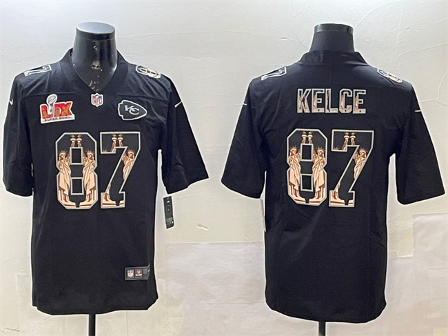 Men's Kansas City Chiefs #87 Travis Kelce Black 2025 Super Bowl LIX Patch Statue Of Liberty Vapor Limited Stitched Football Jersey Men's Kansas City Chiefs #87 Travis Kelce Black 2025 Super Bowl LIX Patch Statue Of Liberty Vapor Limited Stitched Football Jersey