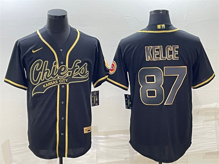 Men's Kansas City Chiefs #87 Travis Kelce Black Gold With Patch Cool Base Stitched Baseball Jersey Men's Kansas City Chiefs #87 Travis Kelce Black Gold With Patch Cool Base Stitched Baseball Jersey