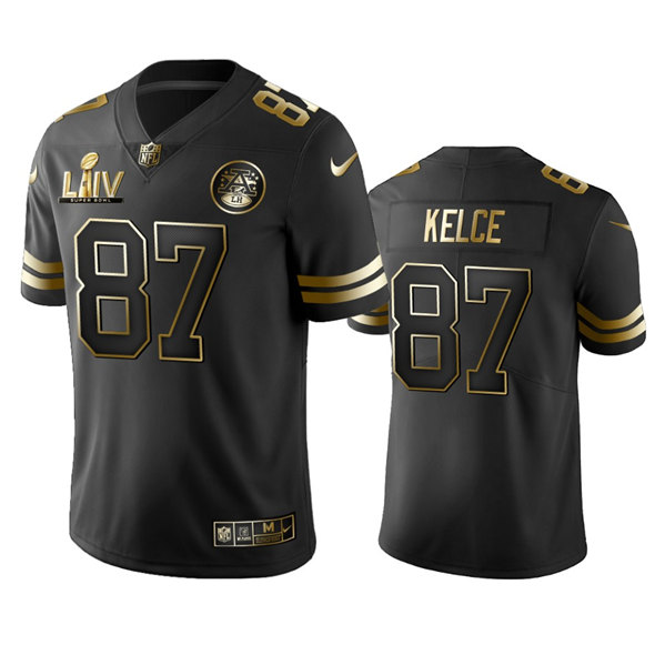 Men's Kansas City Chiefs #87 Travis Kelce Black Golden Super Bowl LV Vapor Limited Stitched Jersey Men's Kansas City Chiefs #87 Travis Kelce Black Golden Super Bowl LV Vapor Limited Stitched Jersey