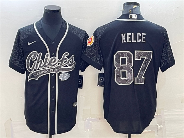 Men's Kansas City Chiefs #87 Travis Kelce Black Reflective With Patch Cool Base Stitched Baseball Jersey Men's Kansas City Chiefs #87 Travis Kelce Black Reflective With Patch Cool Base Stitched Baseball Jersey