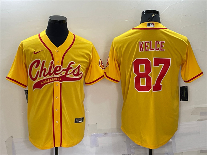 Men's Kansas City Chiefs #87 Travis Kelce Gold With Patch Cool Base Stitched Baseball Jersey Men's Kansas City Chiefs #87 Travis Kelce Gold With Patch Cool Base Stitched Baseball Jersey