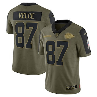 Men's Kansas City Chiefs #87 Travis Kelce Nike Olive 2021 Salute To Service Limited Player Jersey Men's Kansas City Chiefs #87 Travis Kelce Nike Olive 2021 Salute To Service Limited Player Jersey