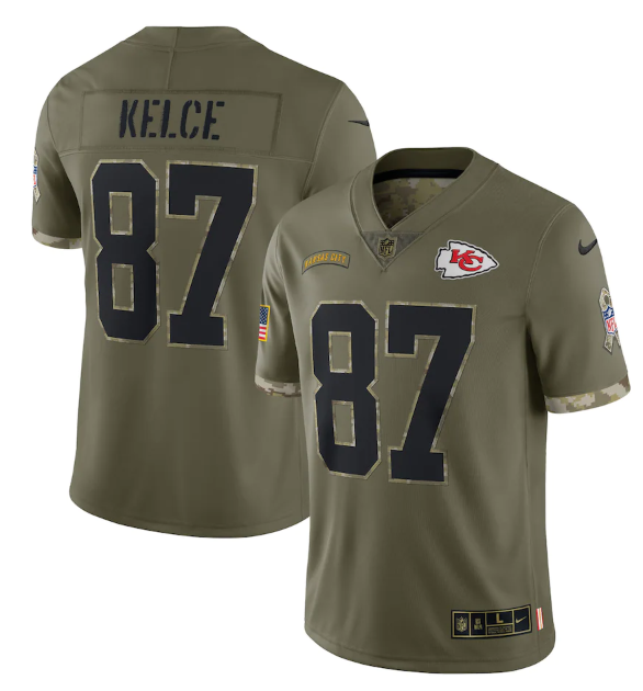Men's Kansas City Chiefs #87 Travis Kelce Olive 2022 Salute To Service Limited Stitched Jersey Men's Kansas City Chiefs #87 Travis Kelce Olive 2022 Salute To Service Limited Stitched Jersey