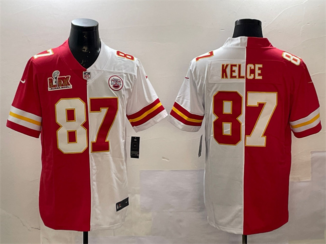 Men's Kansas City Chiefs #87 Travis Kelce Red & White Split 2025 Super Bowl LIX Patch Vapor Limited Stitched Football Jersey Men's Kansas City Chiefs #87 Travis Kelce Red & White Split 2025 Super Bowl LIX Patch Vapor Limited Stitched Football Jersey
