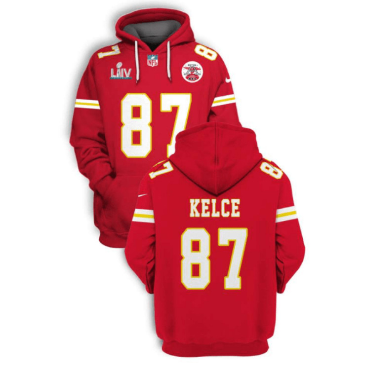 Men's Kansas City Chiefs #87 Travis Kelce Red 2021 Super Bowl LIV Pullover Hoodie Men's Kansas City Chiefs #87 Travis Kelce Red 2021 Super Bowl LIV Pullover Hoodie