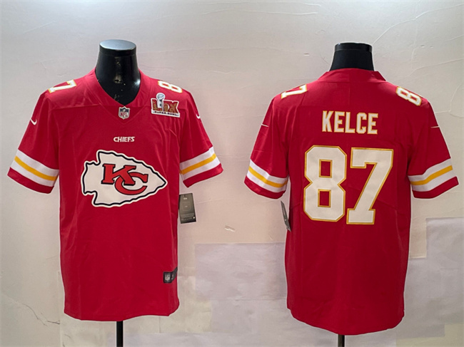 Men's Kansas City Chiefs #87 Travis Kelce Red 2025 Super Bowl LIX Patch Team Big Logo Vapor Limited Stitched Football Jersey Men's Kansas City Chiefs #87 Travis Kelce Red 2025 Super Bowl LIX Patch Team Big Logo Vapor Limited Stitched Football Jersey