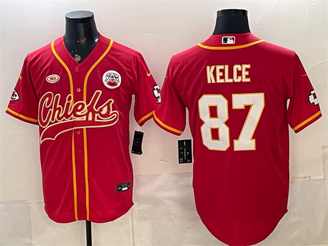 Men's Kansas City Chiefs #87 Travis Kelce Red With NKH Patch Cool Base Stitched Baseball Jersey Men's Kansas City Chiefs #87 Travis Kelce Red With NKH Patch Cool Base Stitched Baseball Jersey