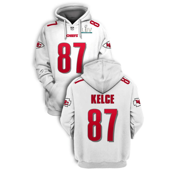 Men's Kansas City Chiefs #87 Travis Kelce White 2021 Super Bowl LIV Pullover Hoodie Men's Kansas City Chiefs #87 Travis Kelce White 2021 Super Bowl LIV Pullover Hoodie