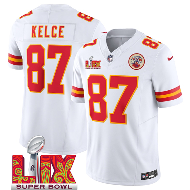Men's Kansas City Chiefs #87 Travis Kelce White 2025 Super Bowl LIX Patch F.U.S.E. Vapor Limited Stitched Football Jersey Men's Kansas City Chiefs #87 Travis Kelce White 2025 Super Bowl LIX Patch F.U.S.E. Vapor Limited Stitched Football Jersey