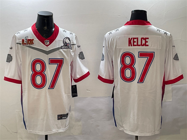 Men's Kansas City Chiefs #87 Travis Kelce White 2025 Super Bowl LIX Patch Pro Bowl Vapor Limited Stitched Football Jersey Men's Kansas City Chiefs #87 Travis Kelce White 2025 Super Bowl LIX Patch Pro Bowl Vapor Limited Stitched Football Jersey